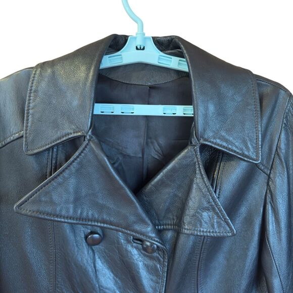 Vintage 60-70’s Leathercraft Womens Leather Coat M/L Black Double Breasted Lined - Picture 2 of 16